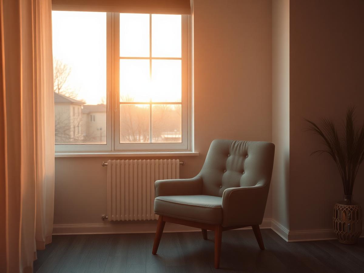 Sillón junto a una ventana con luz del amanecer en una sala de terapia