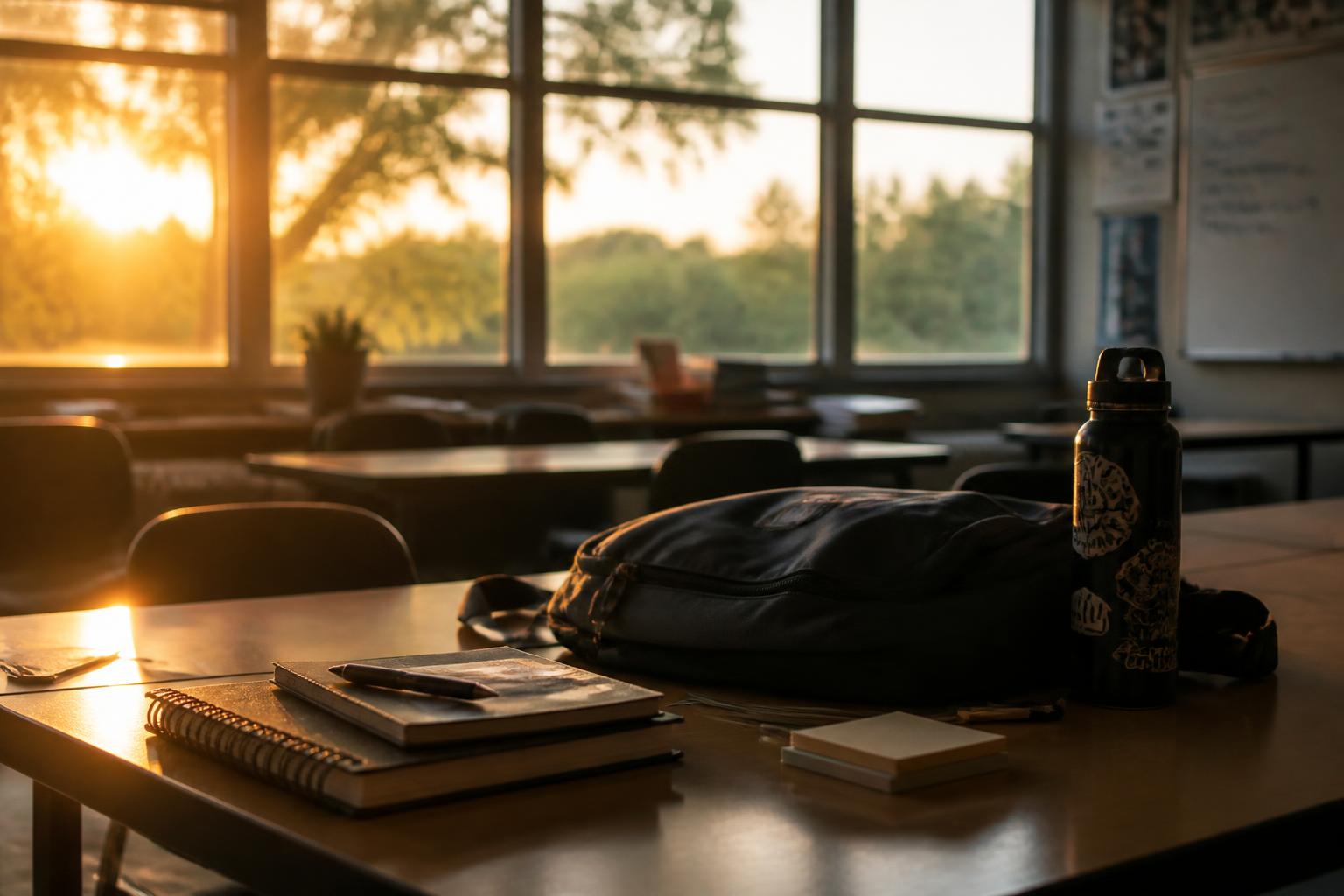 Aula vacía al atardecer con una mochila y cuadernos sobre la mesa