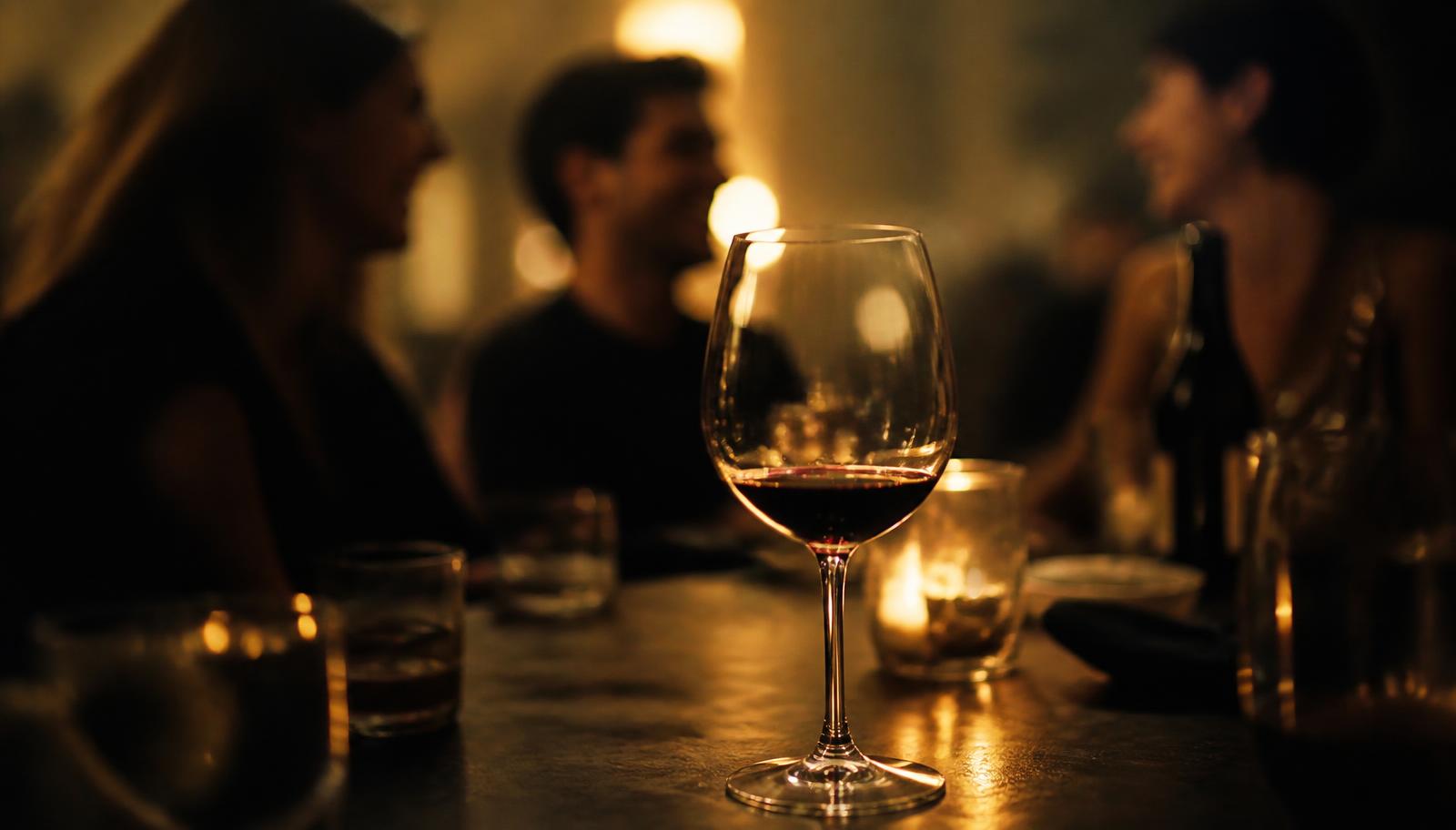 Copa de vino sobre una mesa en una reunión social iluminada con luz cálida