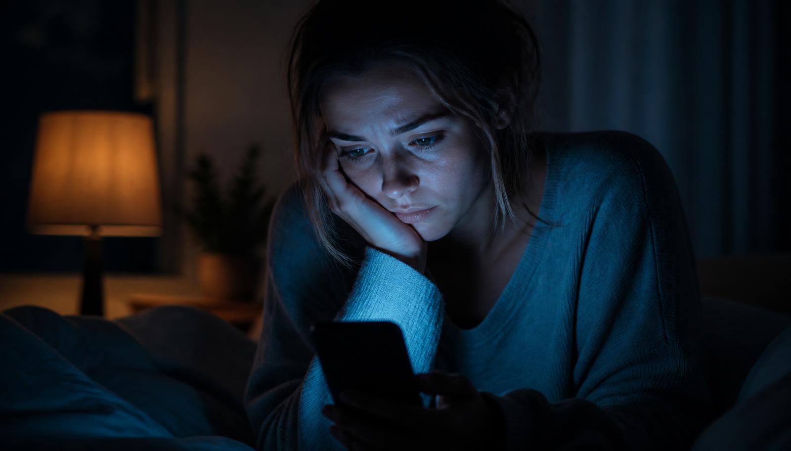 Persona en penumbra iluminada por la luz azul del móvil mientras consulta síntomas de noche