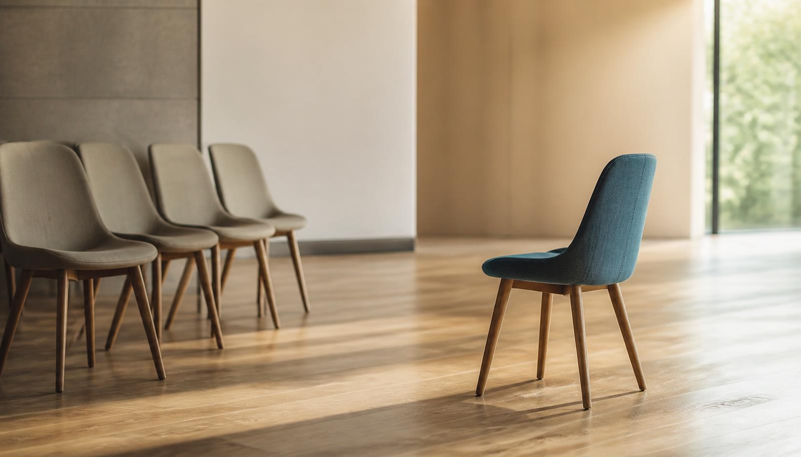Una silla azul separada de una fila de sillas en una sala luminosa