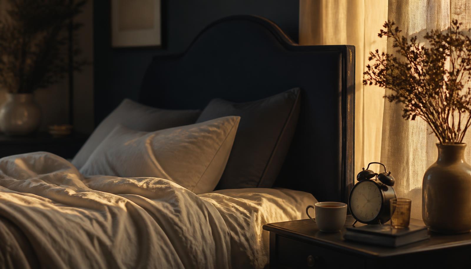 Dormitorio en penumbra al amanecer con cama deshecha, reloj despertador y una taza en la mesilla