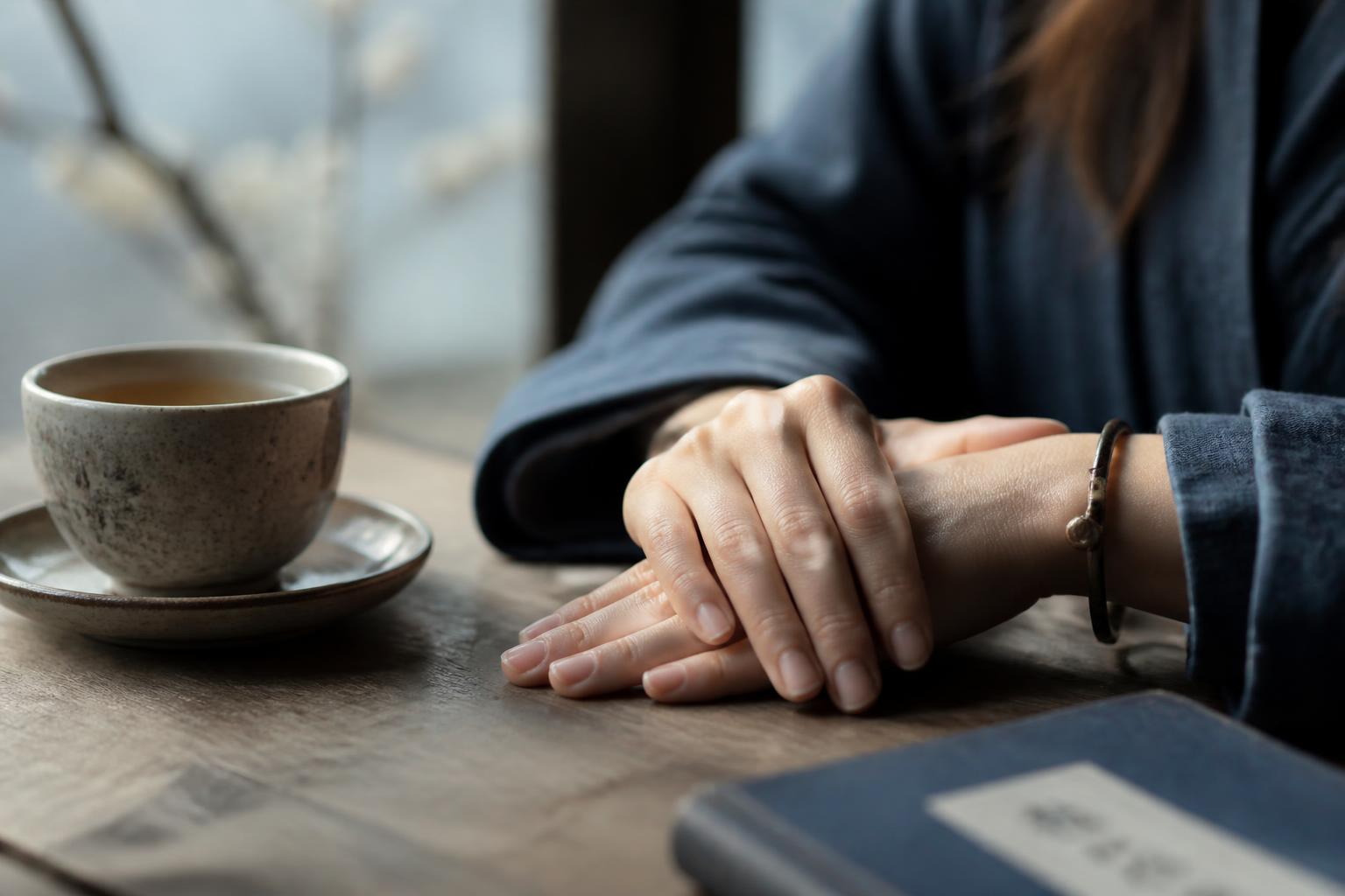 Manos en calma sobre una mesa de madera junto a una taza de té