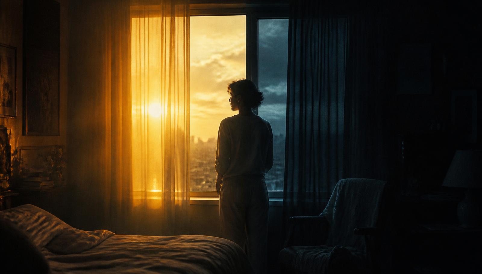 Persona junto a una ventana al amanecer, con la habitación dividida entre luz cálida y sombra azul