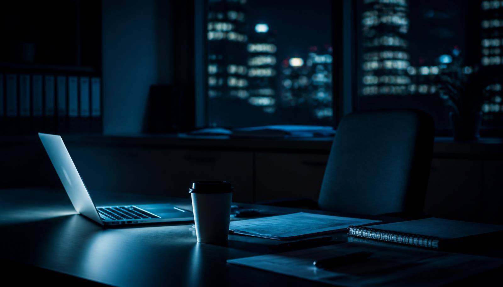 Escritorio de oficina de noche iluminado solo por la luz de un portátil