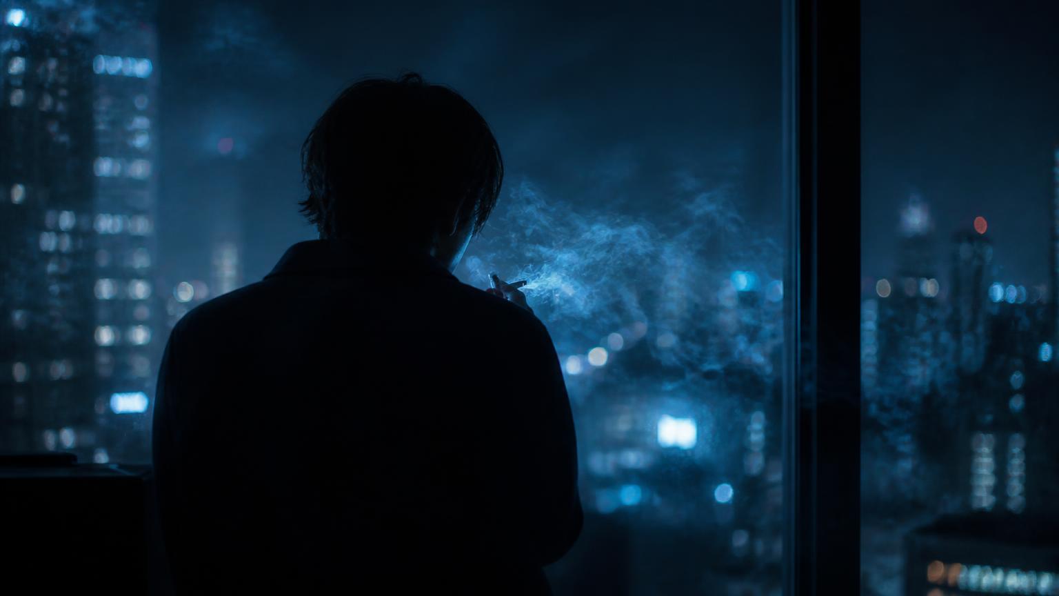 Silueta de una persona joven frente a una ventana nocturna con humo iluminado por luces de ciudad