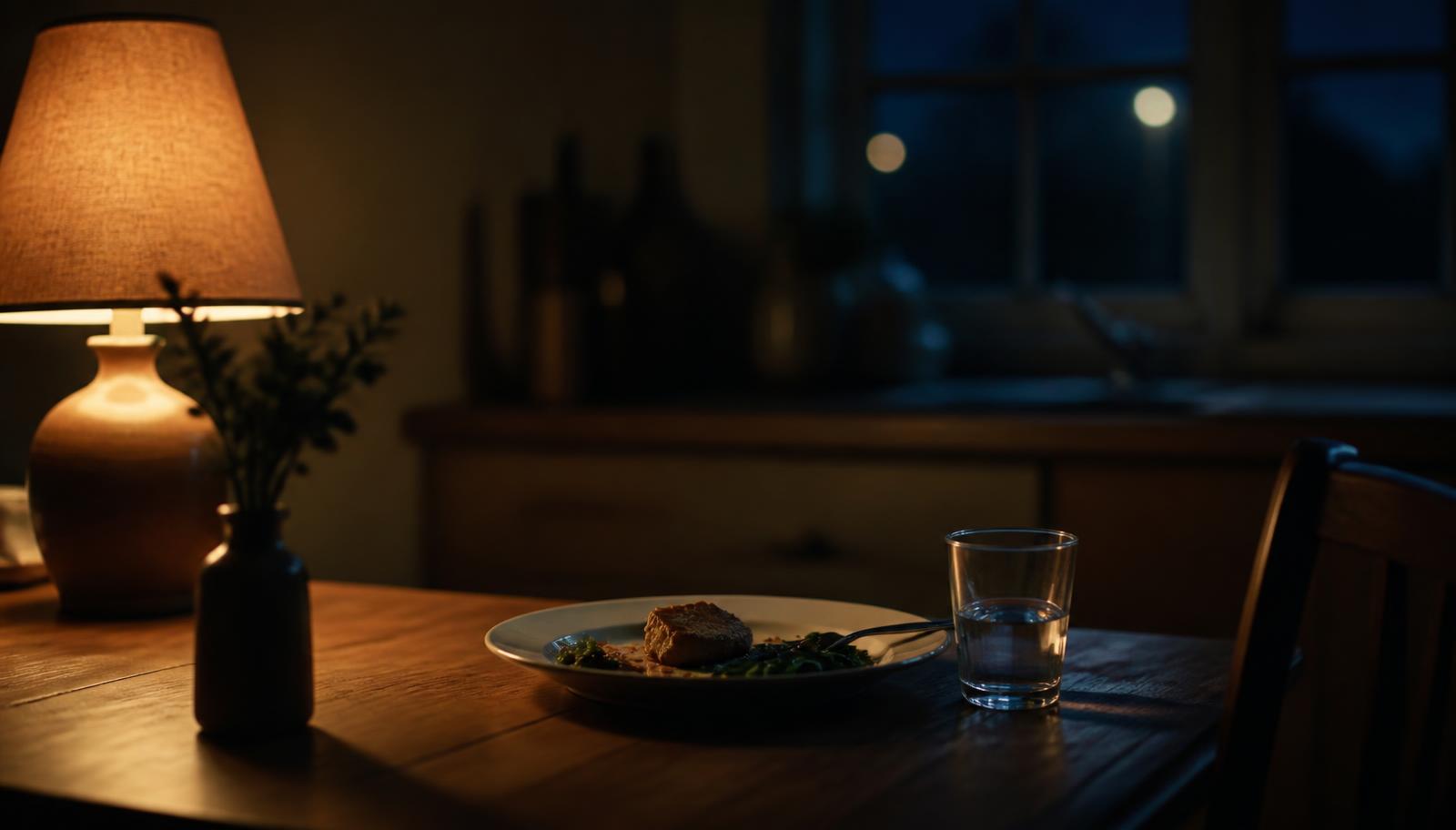 Mesa de cocina de noche con un plato, un vaso de agua y luz cálida de lámpara