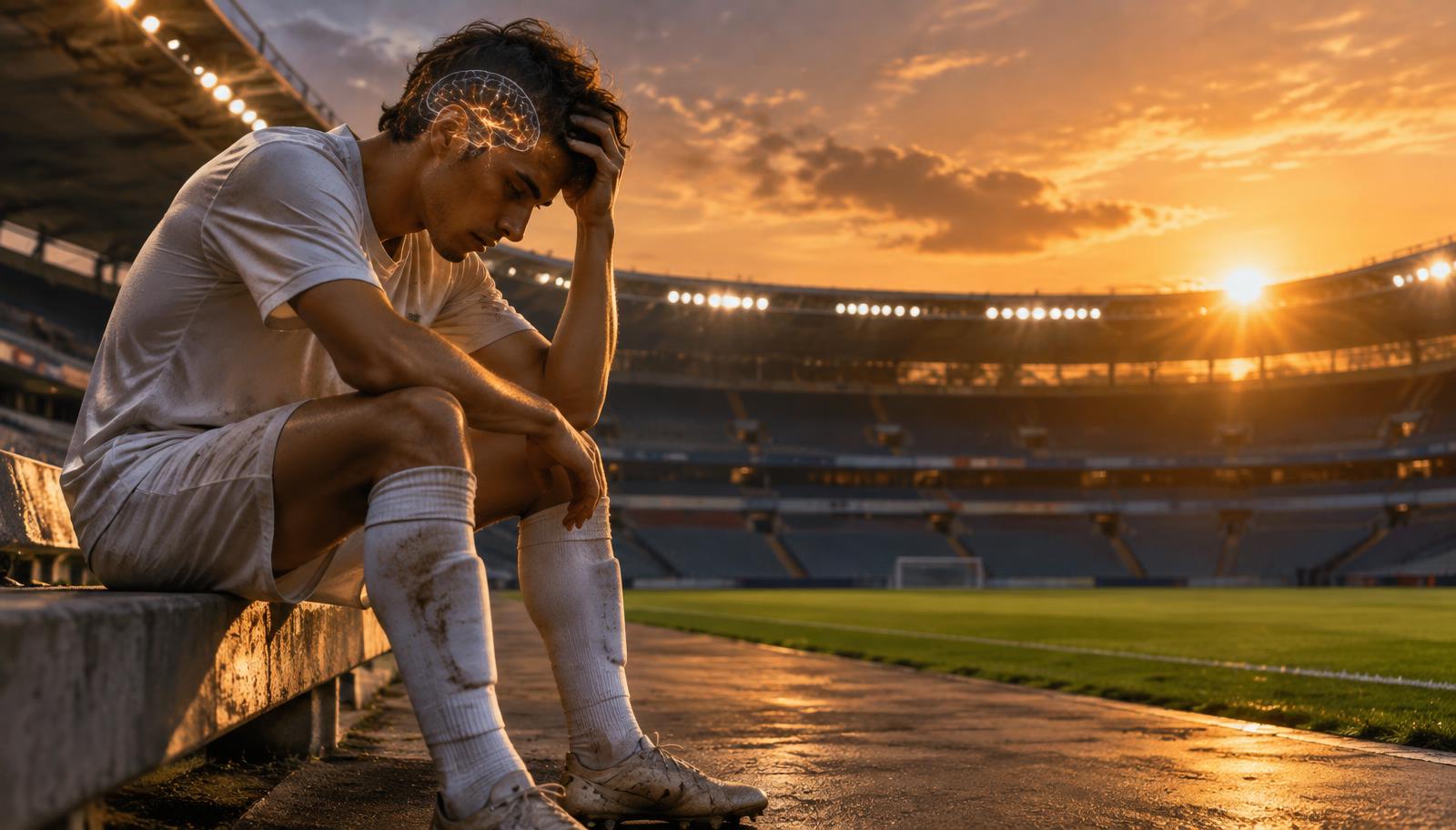 Futbolista sentado al borde de un estadio vacío al atardecer, con la mano en la cabeza