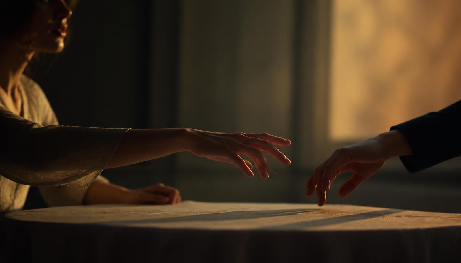 Dos manos que casi se rozan sobre una mesa con luz cálida de atardecer