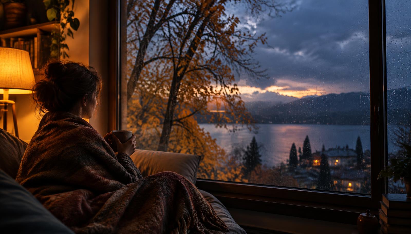 Mujer envuelta en una manta mirando por una ventana con lluvia y árboles otoñales al atardecer