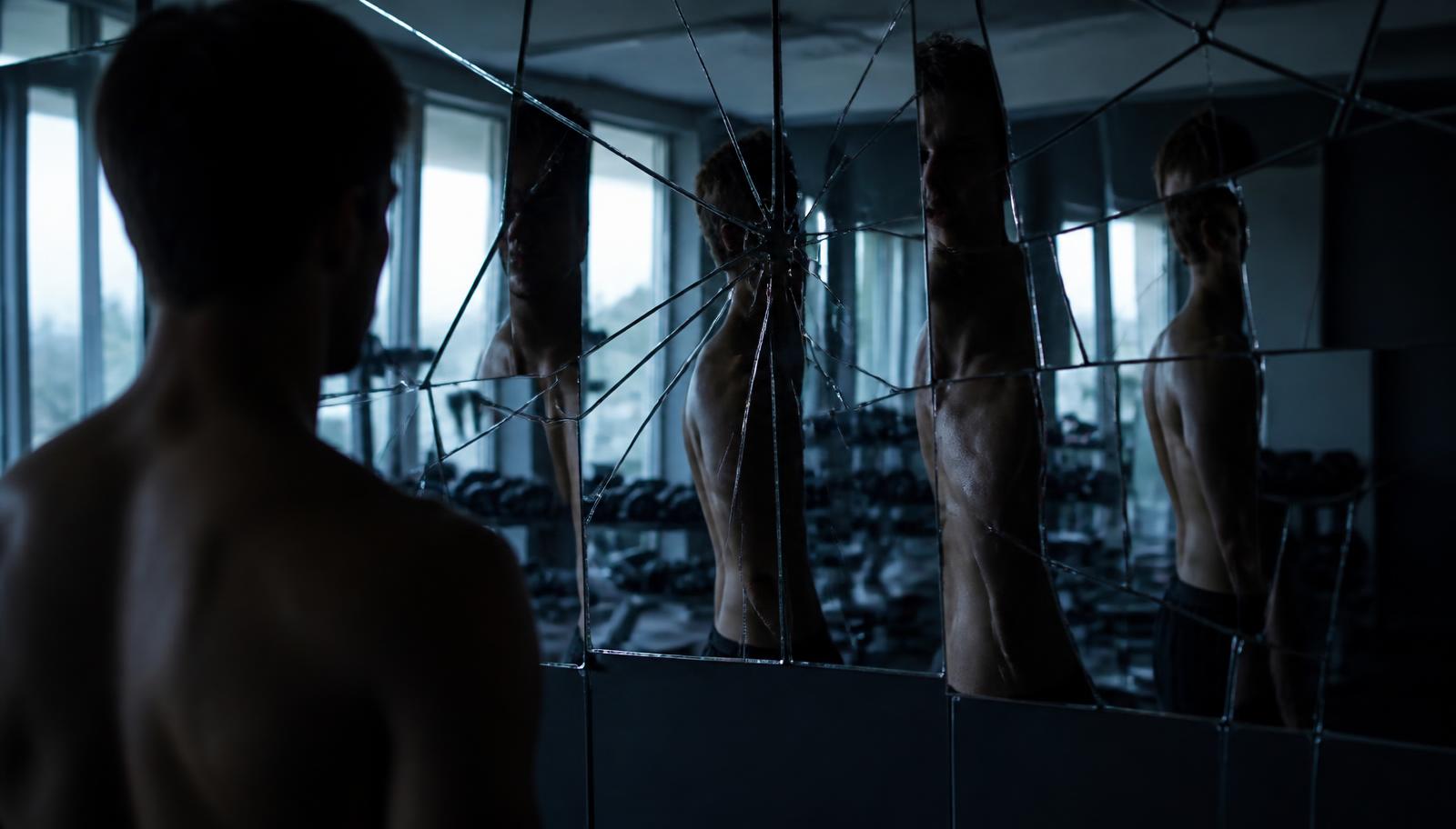 Silueta de un hombre reflejada de forma fragmentada en un espejo roto de gimnasio, con luz fría y azulada
