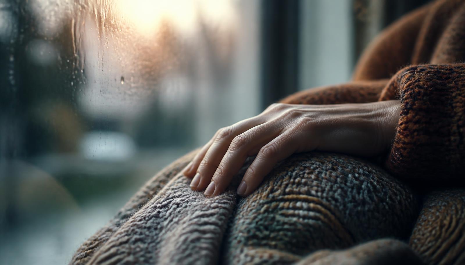 Una mano reposando sobre una manta de lana junto a una ventana con lluvia y luz cálida