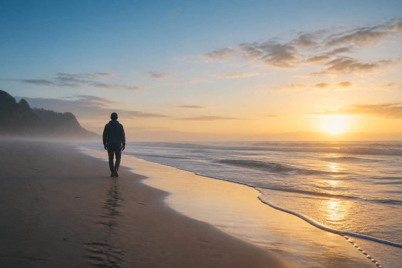 Persona caminando al amanecer por una playa en calma