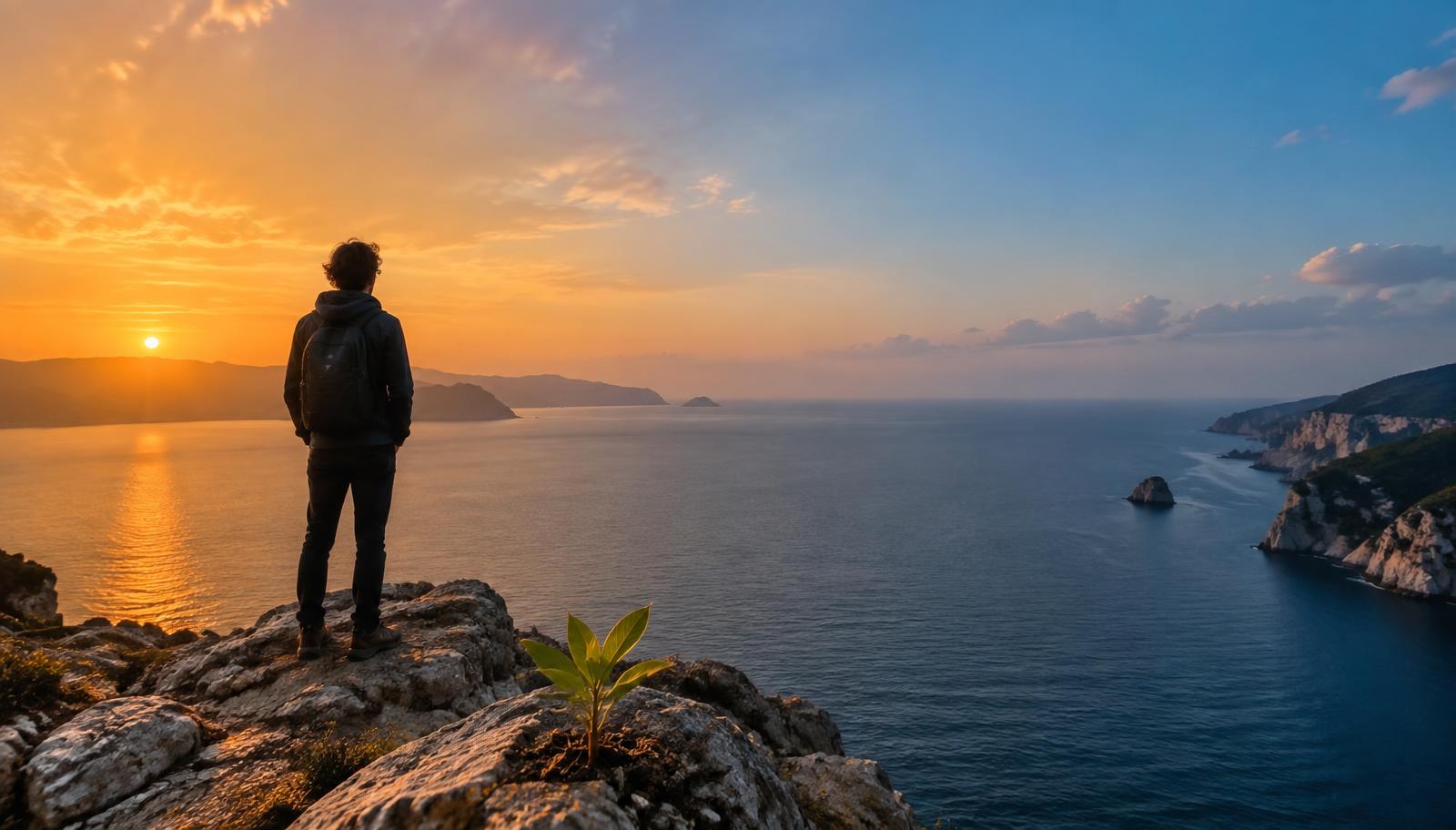 Persona de pie sobre un acantilado mirando el mar al amanecer junto a un pequeño brote verde