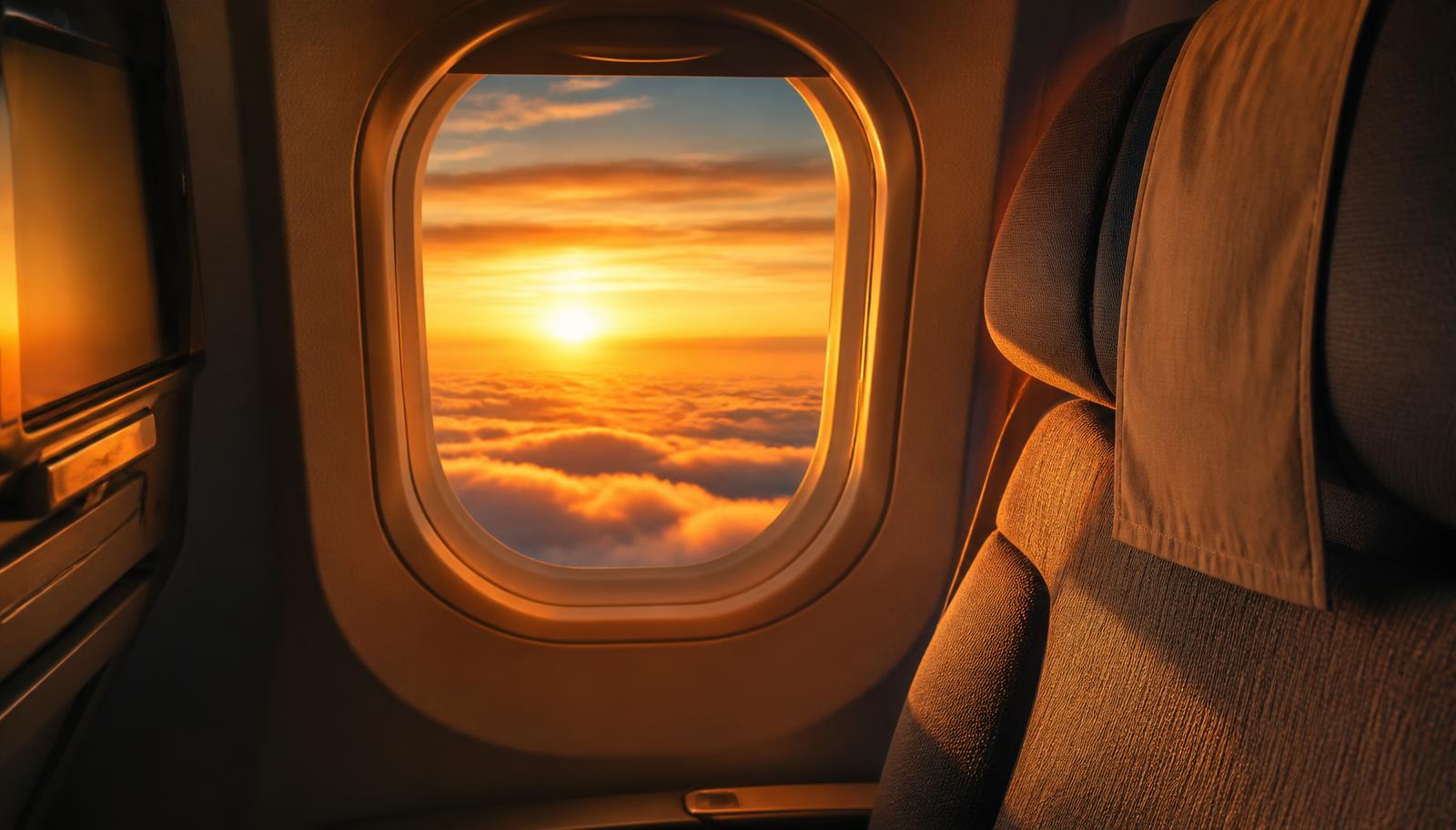 Ventanilla de avión al atardecer con nubes iluminadas por el sol