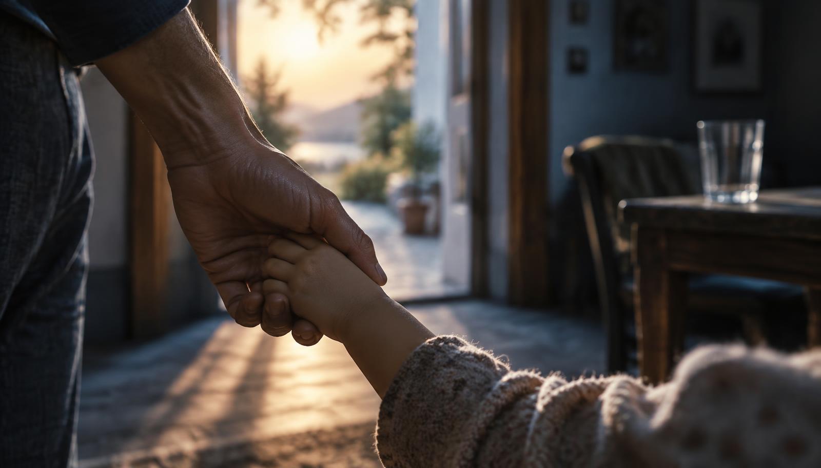 Mano de un adulto sosteniendo la mano de un niño junto a una puerta abierta iluminada por el sol