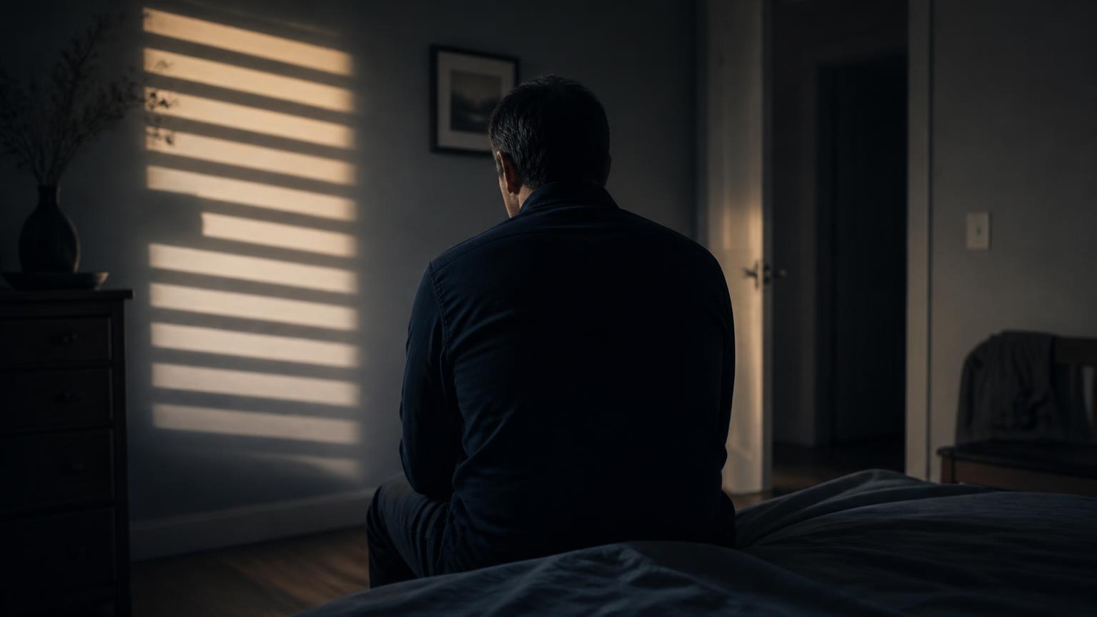 Hombre adulto sentado de espaldas en el borde de una cama en una habitación en penumbra