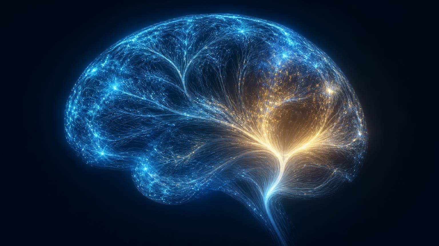 Ilustración de un cerebro humano formado por filamentos de luz azul con una región brillando en dorado