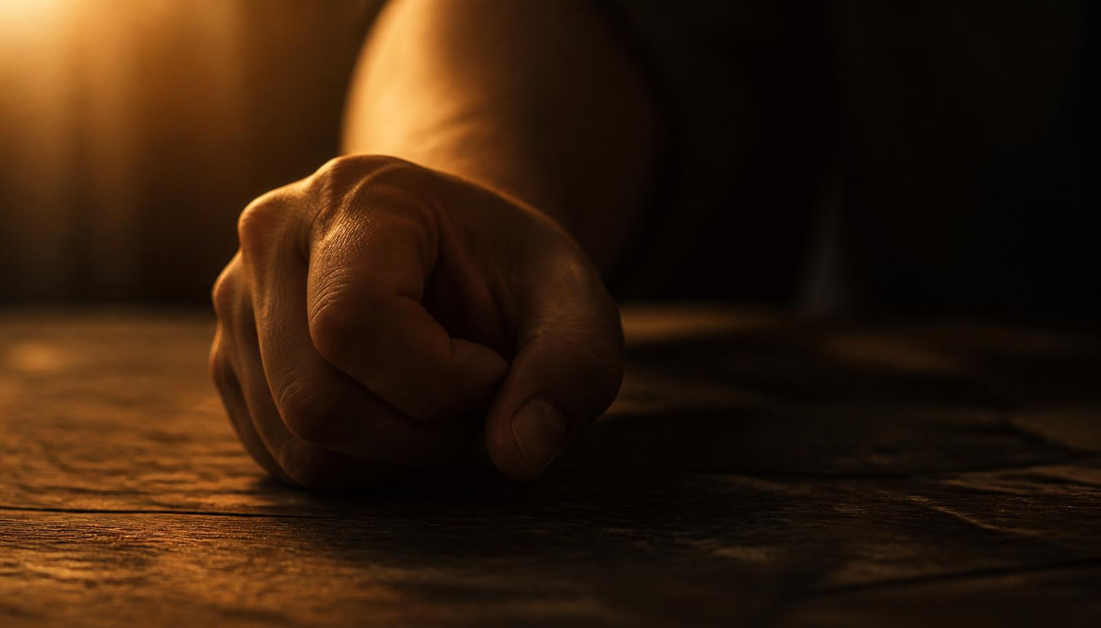 Mano cerrada que empieza a relajarse sobre una mesa de madera con luz cálida