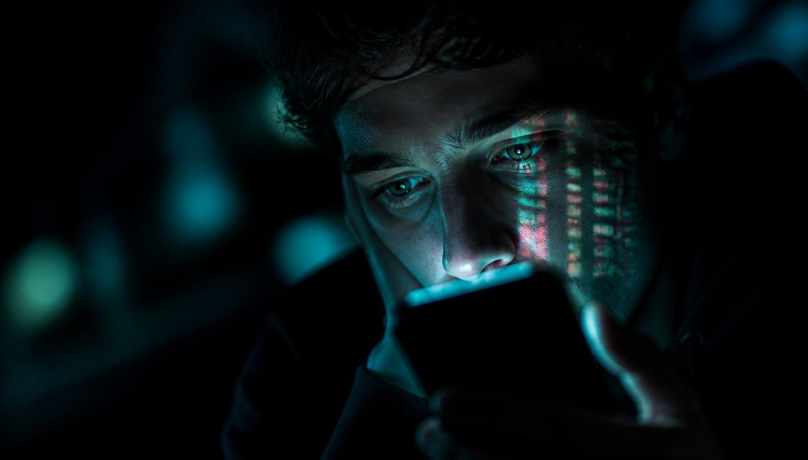 Rostro en penumbra iluminado por la luz de un móvil con reflejos de cifras luminosas