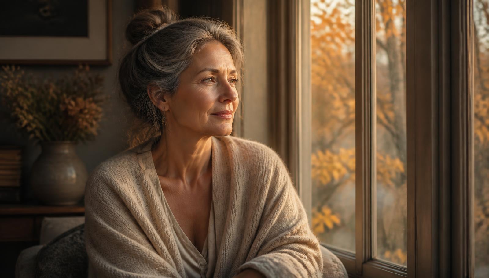 Mujer de mediana edad sentada junto a una ventana con luz cálida de otoño