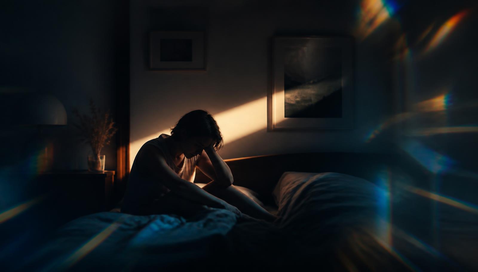 Persona sentada en la penumbra de su dormitorio con un haz de luz y destellos que sugieren el aura migrañosa