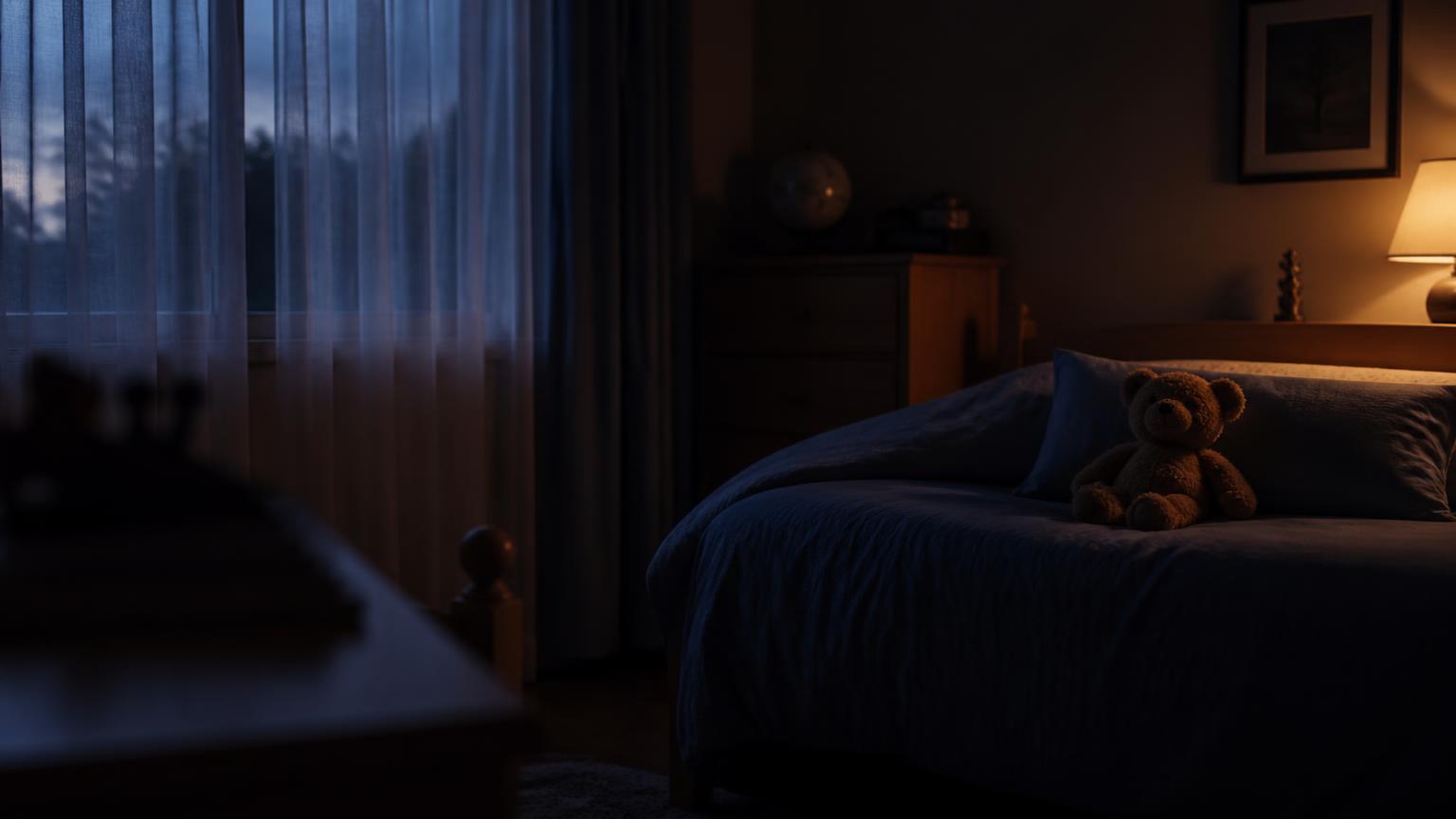 Habitación infantil en penumbra al atardecer con un oso de peluche sobre la cama