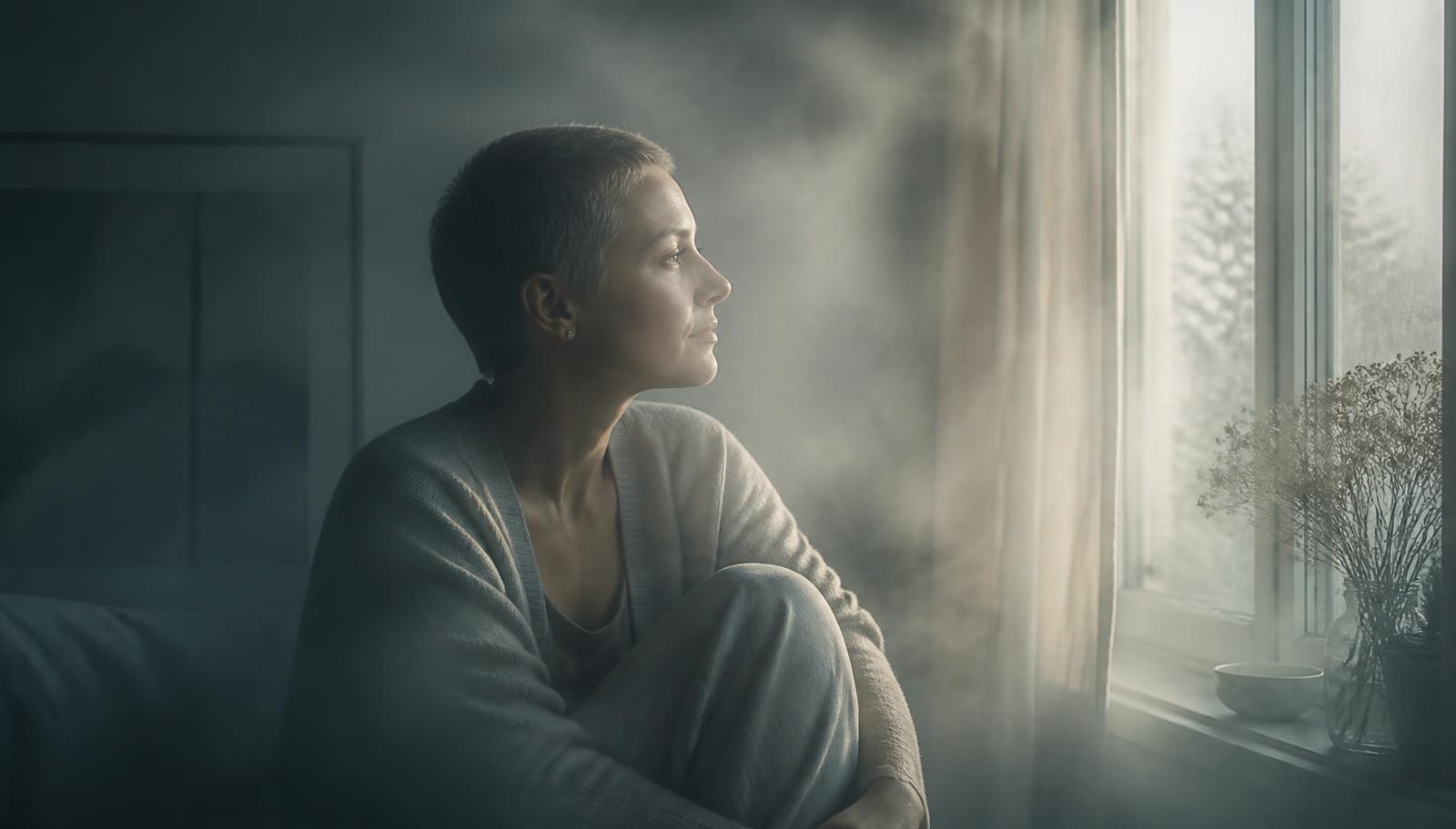 Mujer con pelo corto sentada junto a una ventana entre una neblina suave, luz matinal pálida