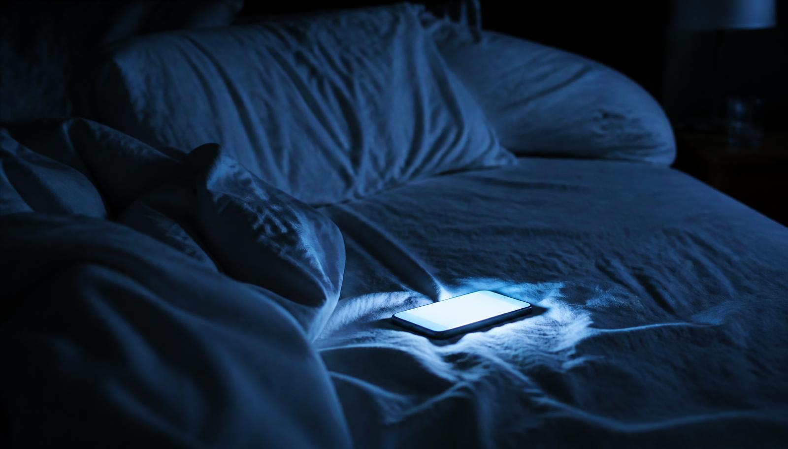 Dormitorio a oscuras con la luz de un móvil iluminando las sábanas