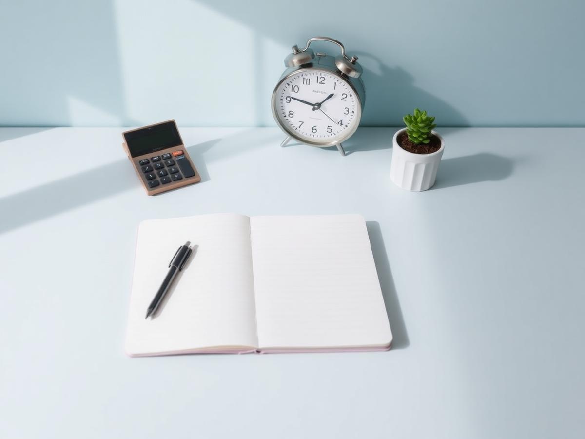 Escritorio con cuaderno, calculadora y reloj representando el coste de la terapia online