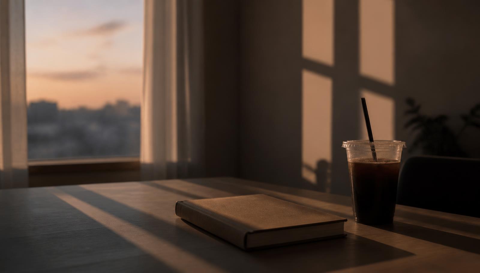 Escritorio vacío al atardecer con un cuaderno cerrado y un café frío junto a la ventana
