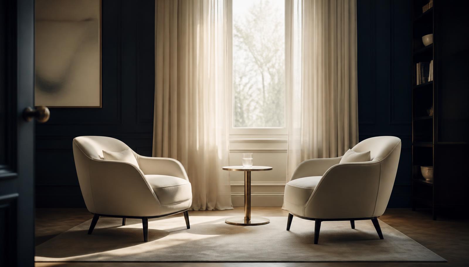 Dos sillones enfrentados junto a una ventana con luz natural en una sala serena