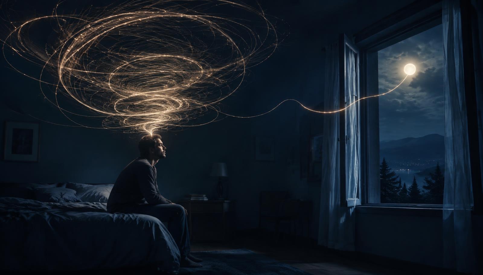 Hombre sentado en la cama de noche con una espiral luminosa de pensamientos sobre su cabeza