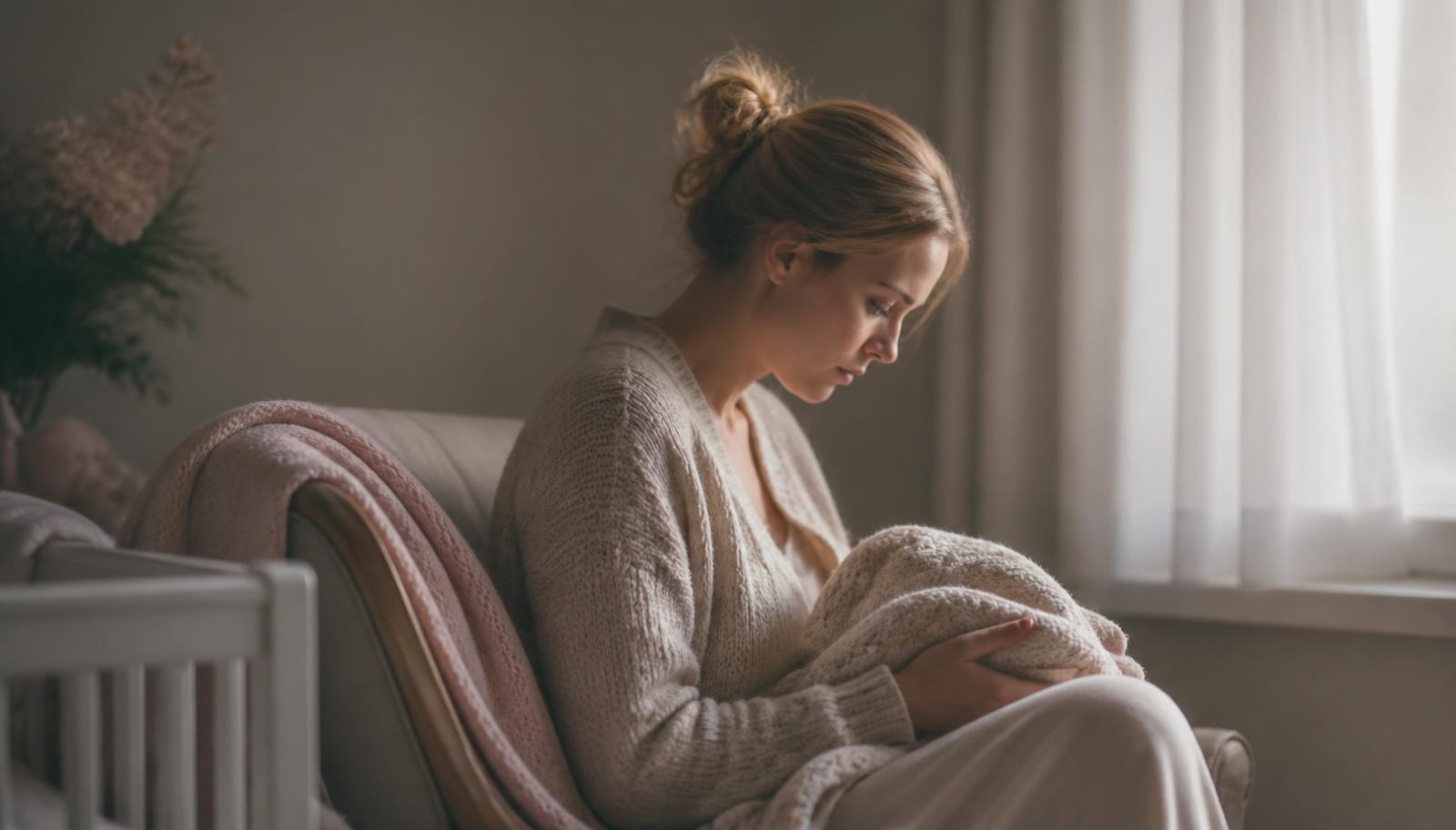 Madre sentada junto a una ventana al amanecer sosteniendo una manta de bebé, con luz suave