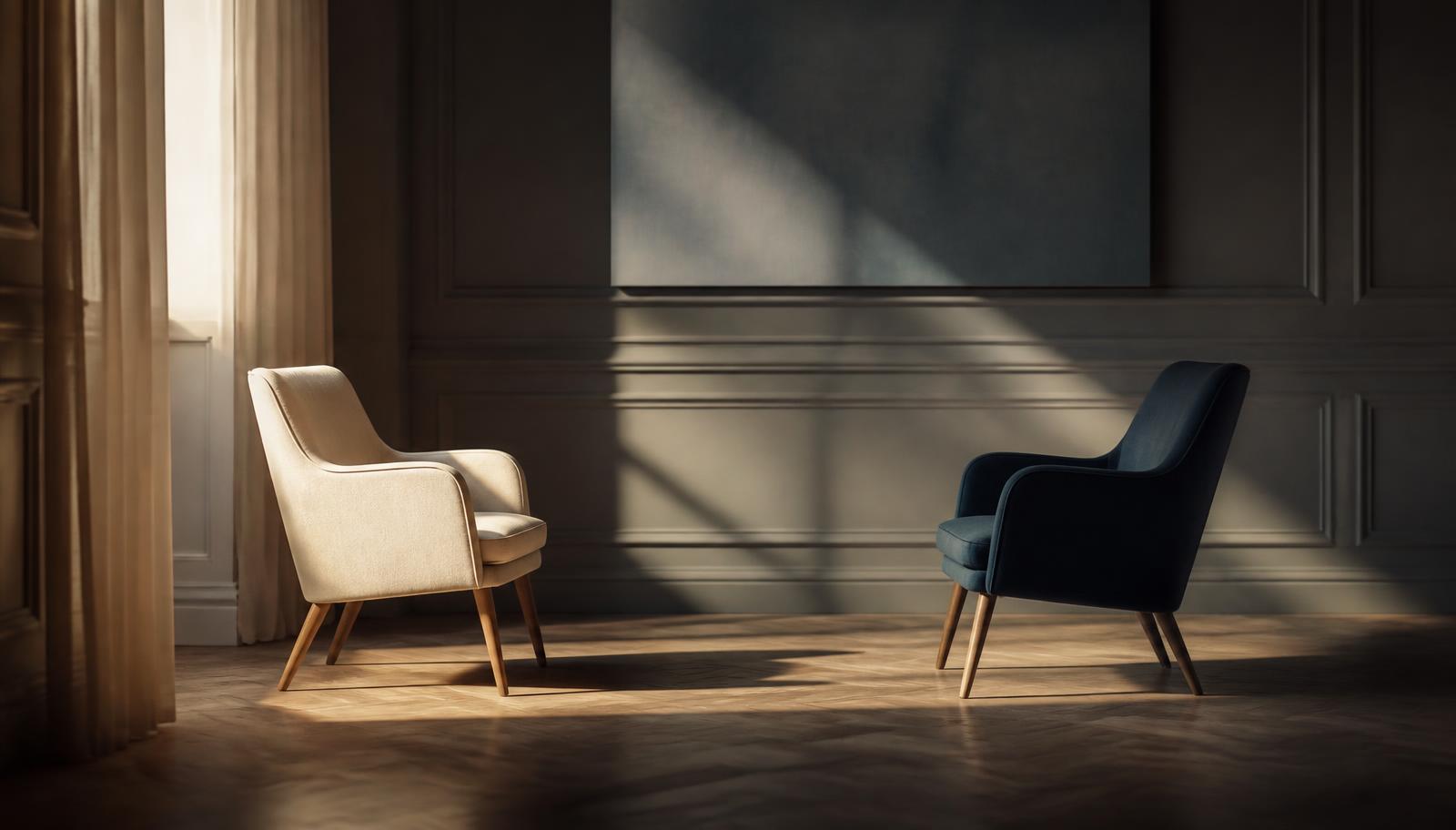Dos sillones enfrentados en una sala luminosa con sombras alargadas sobre el suelo de madera