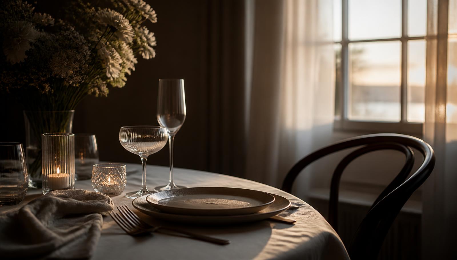 Mesa puesta con luz cálida de atardecer y un plato intacto