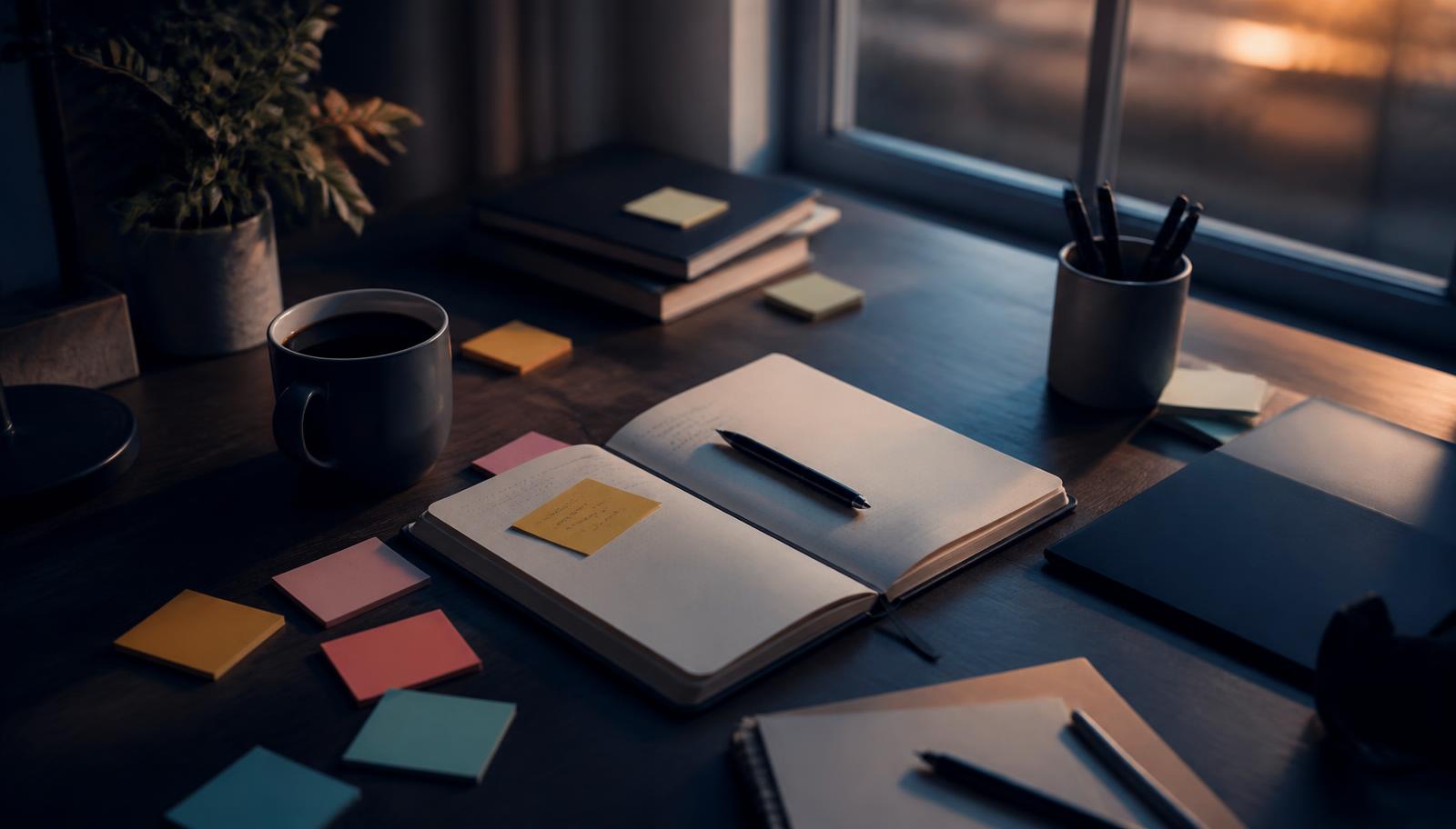 Escritorio con notas adhesivas y cuaderno abierto al atardecer