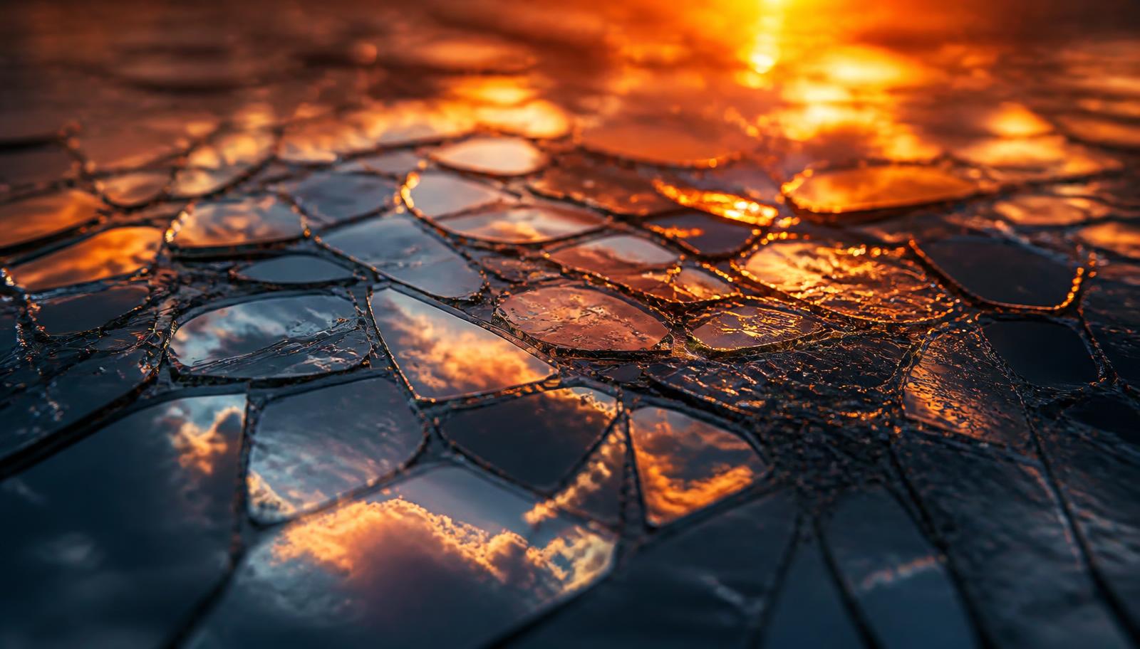 Superficie de cristal fragmentado reflejando la luz de un atardecer