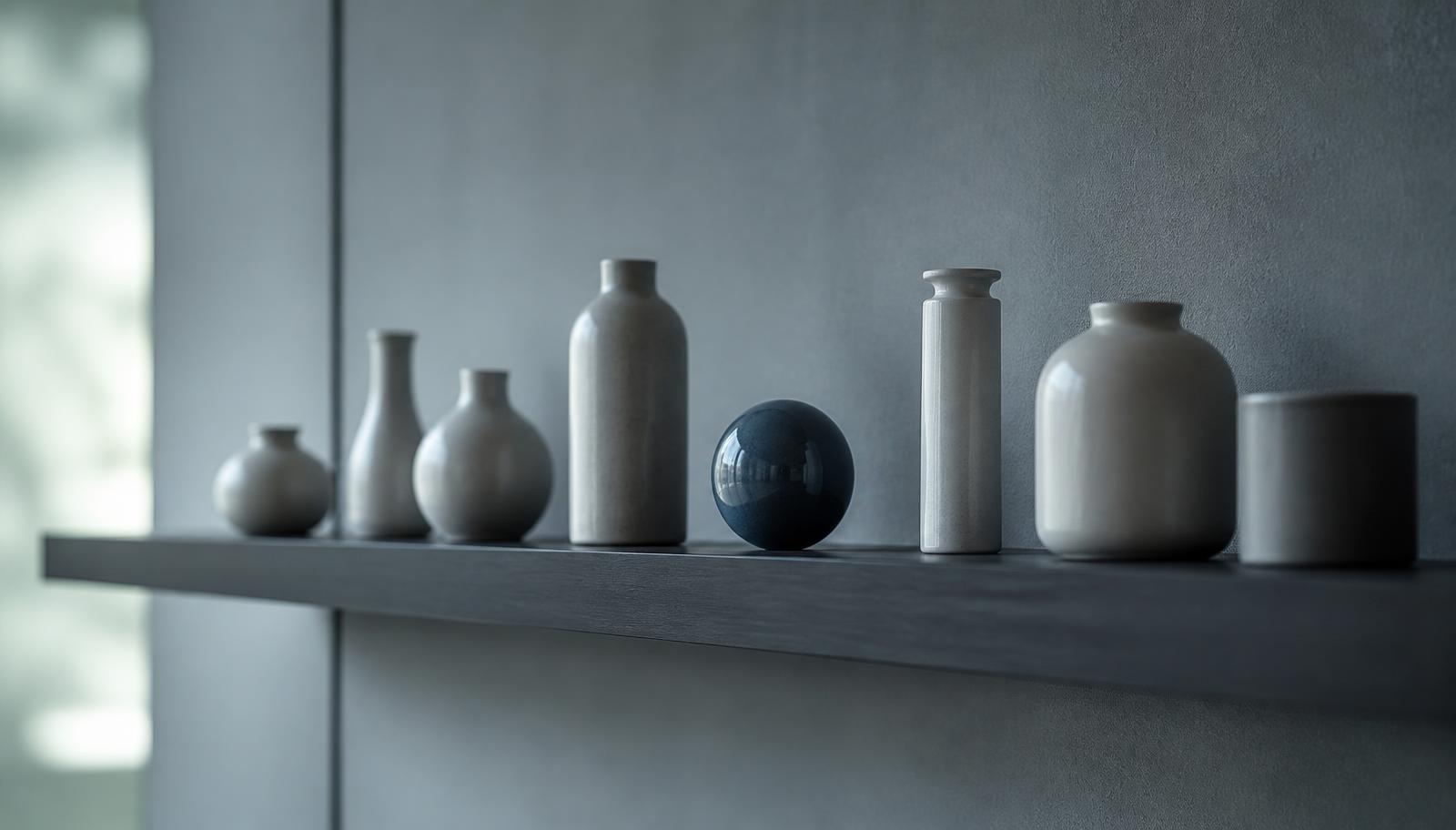 Estantería minimalista con objetos alineados y uno ligeramente fuera de lugar