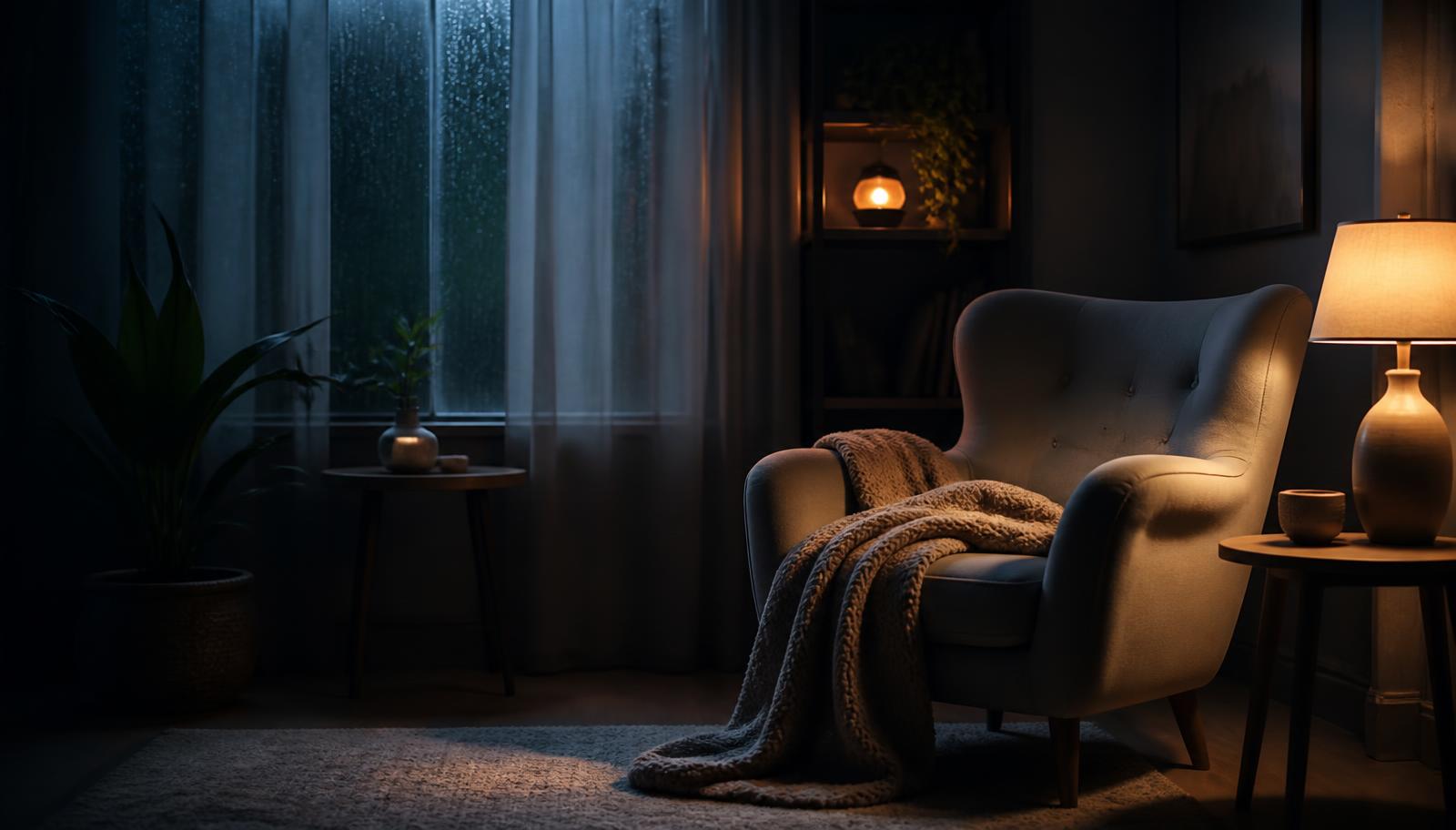 Sillón acogedor junto a una ventana con lluvia y luz cálida de lámpara