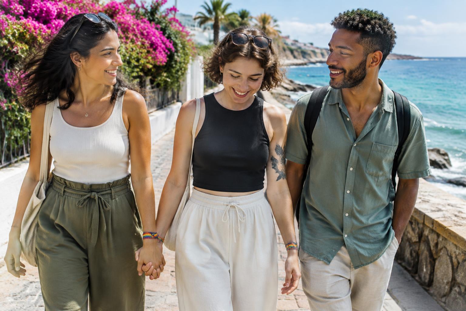 Personas adultas caminando juntas junto al mar como ilustración de pertenencia e inclusión
