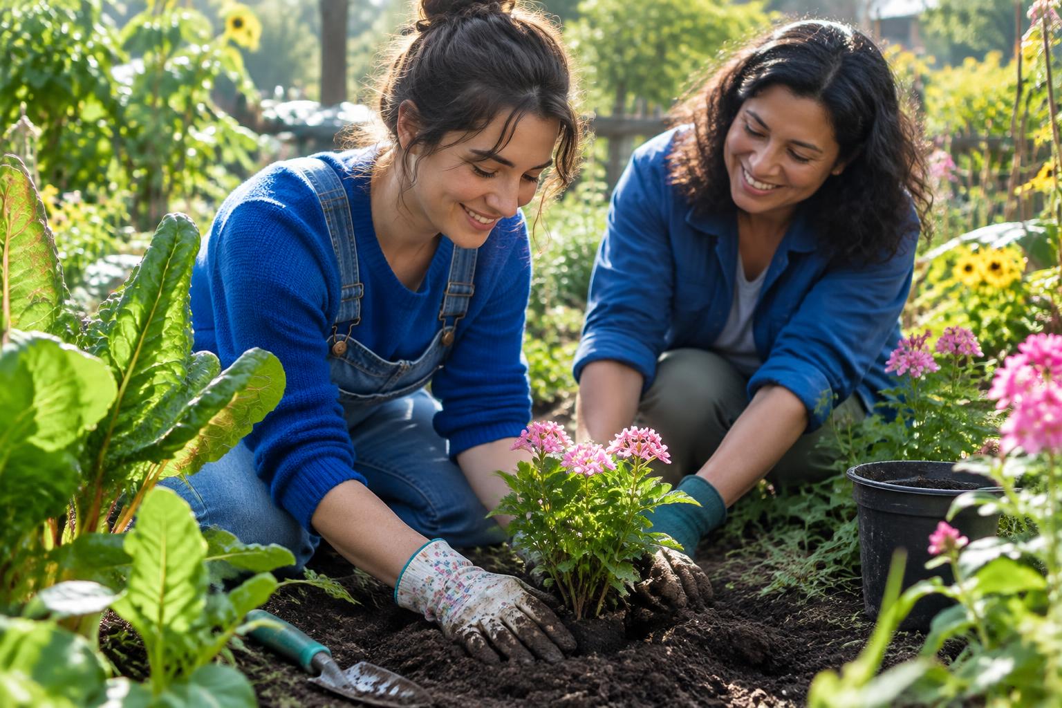 Dos personas cuidando plantas en un jardín comunitario como ilustración de recuperación y apoyo